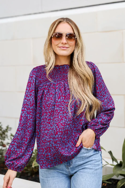 FINAL SALE - Radiantly Cute Burgundy Smocked Floral Blouse