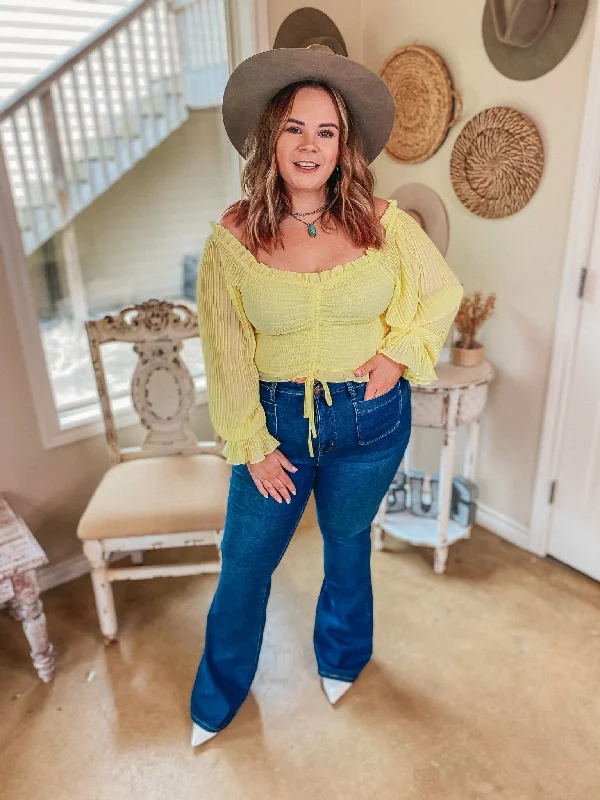 Last Chance Size Large | Sweet in SoCal Smocked Bodice Crop Top with Long Pleated Sleeves in Yellow | ONLY 1 LEFT!