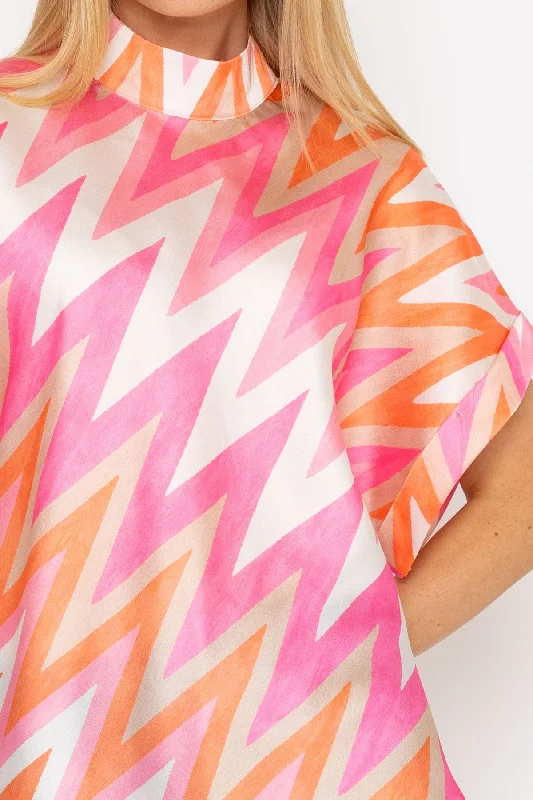 High Neck Sateen Top in Pink and Orange Print