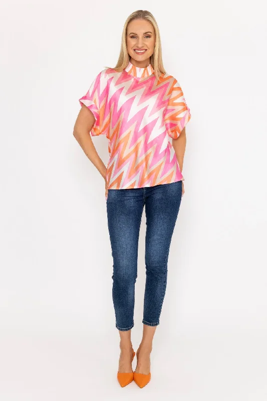 High Neck Sateen Top in Pink and Orange Print