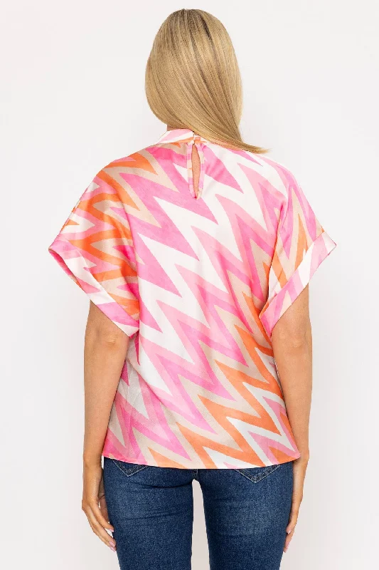 High Neck Sateen Top in Pink and Orange Print