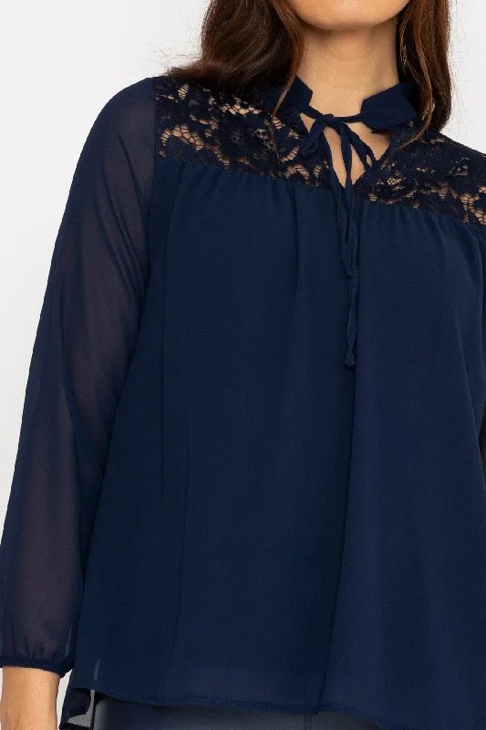 Lace Insert Blouse in Navy