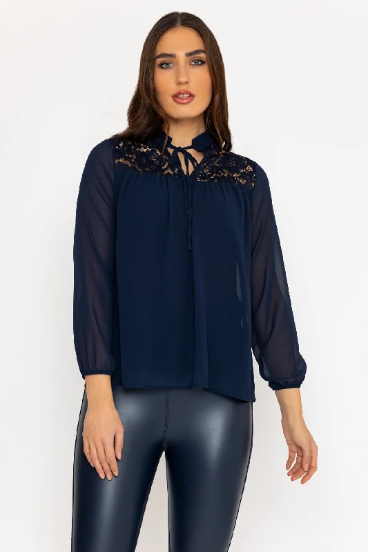 Lace Insert Blouse in Navy