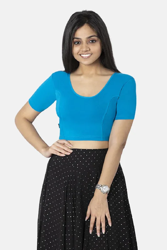 Full Coverage Non-Wired Non-Padded Knitted Blouse With Round Neck Princess Cut Short Sleeve - Blue