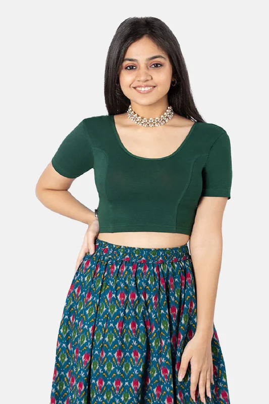 Naidu Hall Full Coverage Non-Padded Knitted Blouse with Round Neck Princess Cut Short Sleeve - Bottle Green