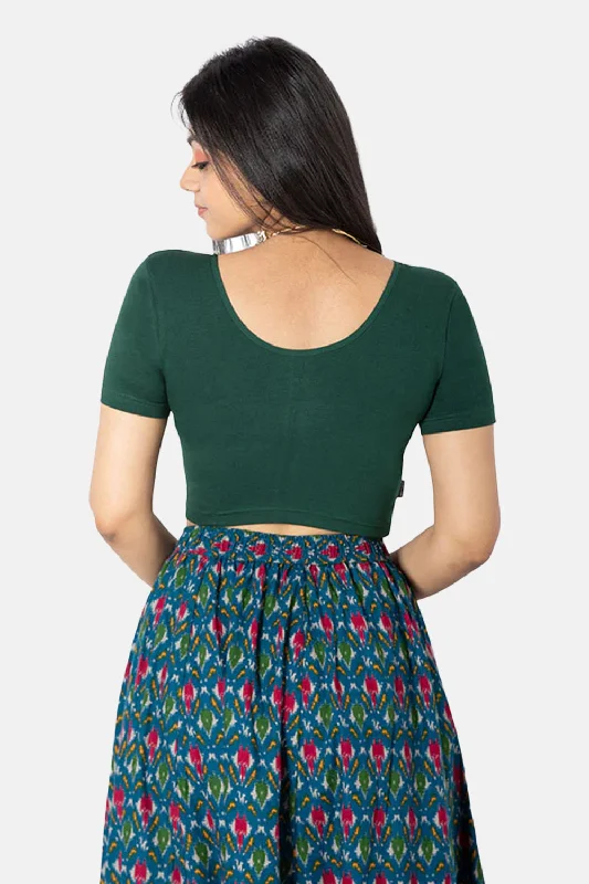 Naidu Hall Full Coverage Non-Padded Knitted Blouse with Round Neck Princess Cut Short Sleeve - Bottle Green