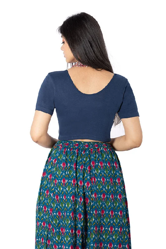 Naidu Hall Non-Wired Non-Padded Knitted Blouse With Round Neck Princess Cut Short Sleeve - Navy Blue