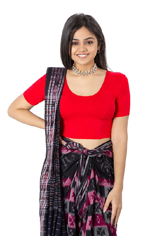 Naidu Hall Non-Wired Non-Padded Knitted Blouse With Round Neck Princess Cut Short Sleeve - Red