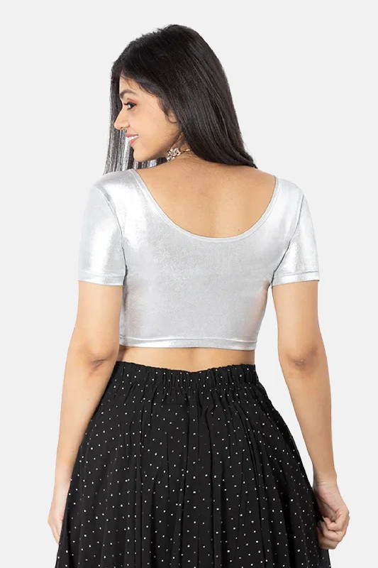 Full Coverage Non-Padded Knitted Blouse With Round Neck Princess Cut Short Sleeve - Silver