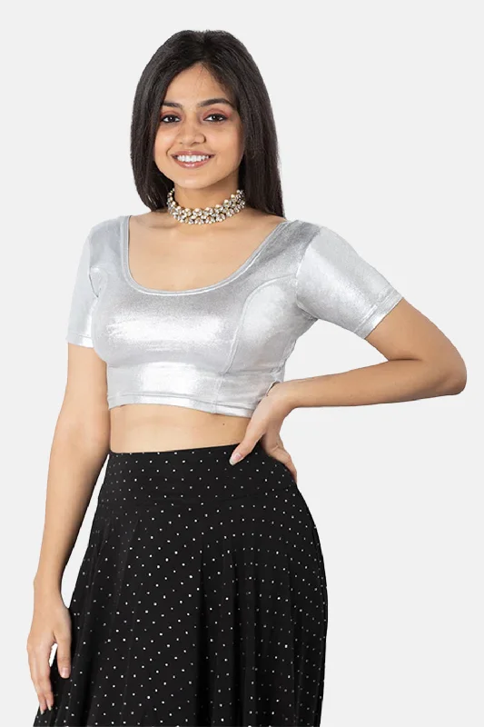 Full Coverage Non-Padded Knitted Blouse With Round Neck Princess Cut Short Sleeve - Silver