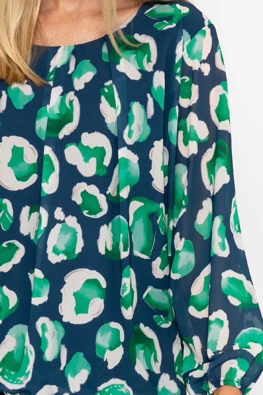 Navy and Green Printed Long Sleeve Blouse