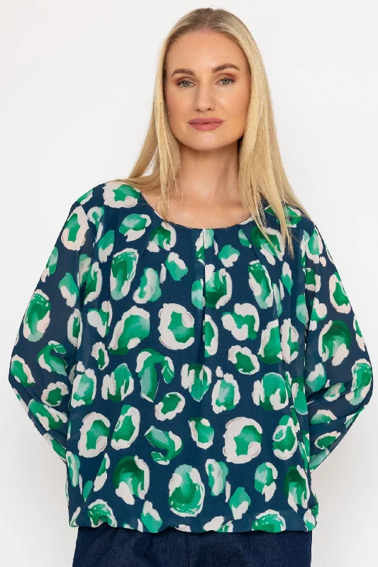 Navy and Green Printed Long Sleeve Blouse