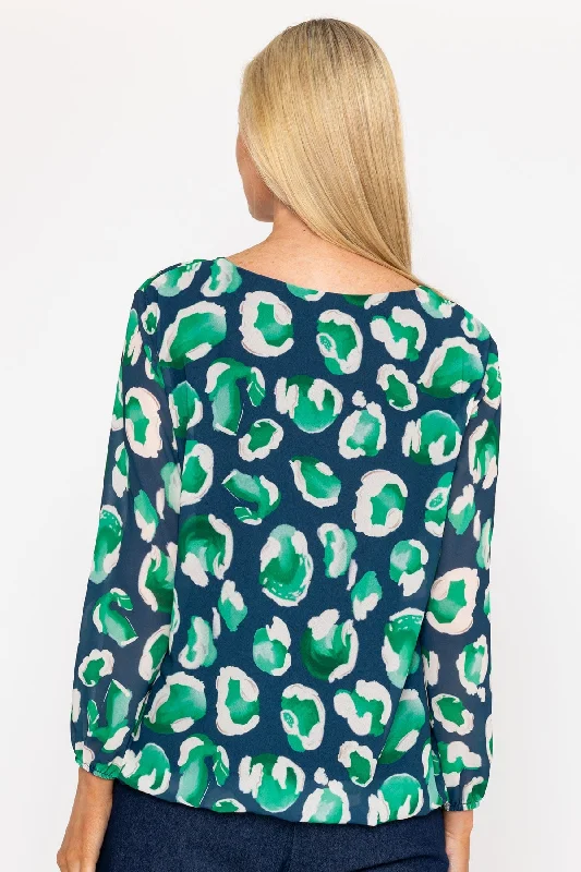 Navy and Green Printed Long Sleeve Blouse