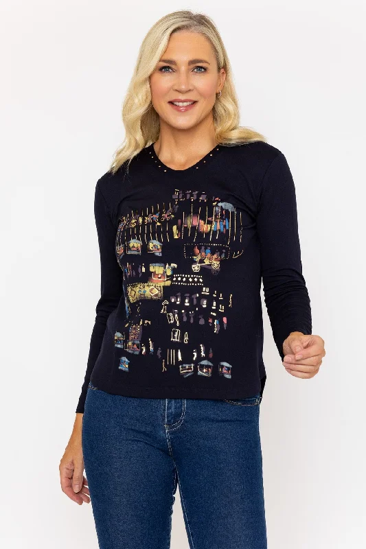 Navy Colourful Scene Print Long Sleeve Top