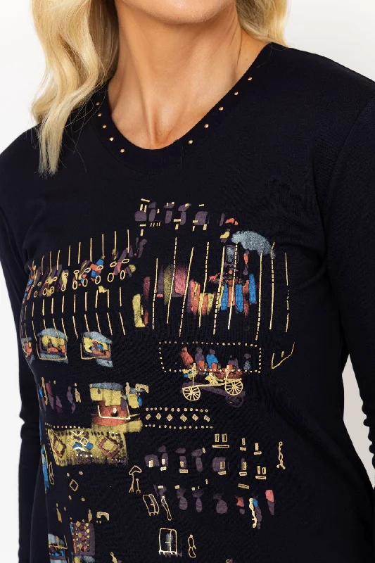 Navy Colourful Scene Print Long Sleeve Top