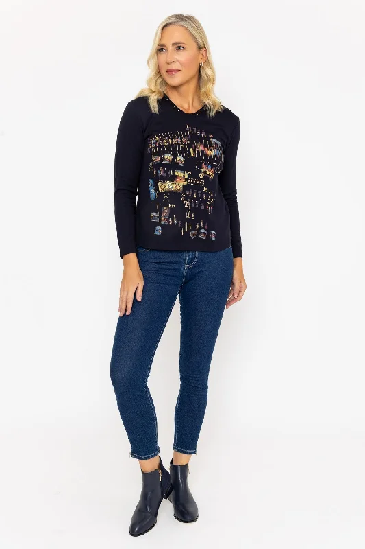 Navy Colourful Scene Print Long Sleeve Top