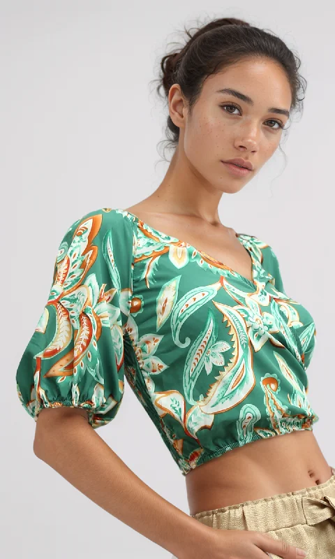 O192258 Green & White Women'S Summer V Neck Cropped Top