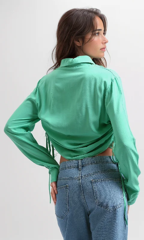 O192513 Side Drawstring Solid Shirt With Buttons - Light Green