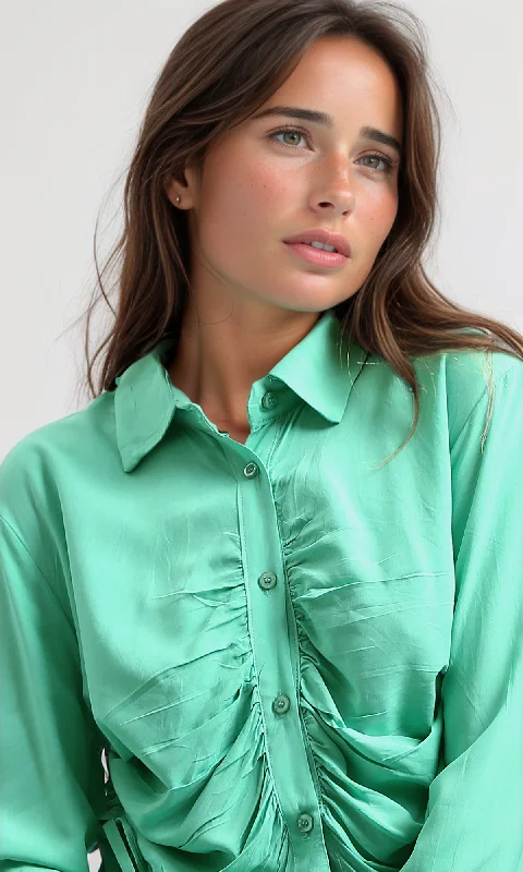 O192513 Side Drawstring Solid Shirt With Buttons - Light Green