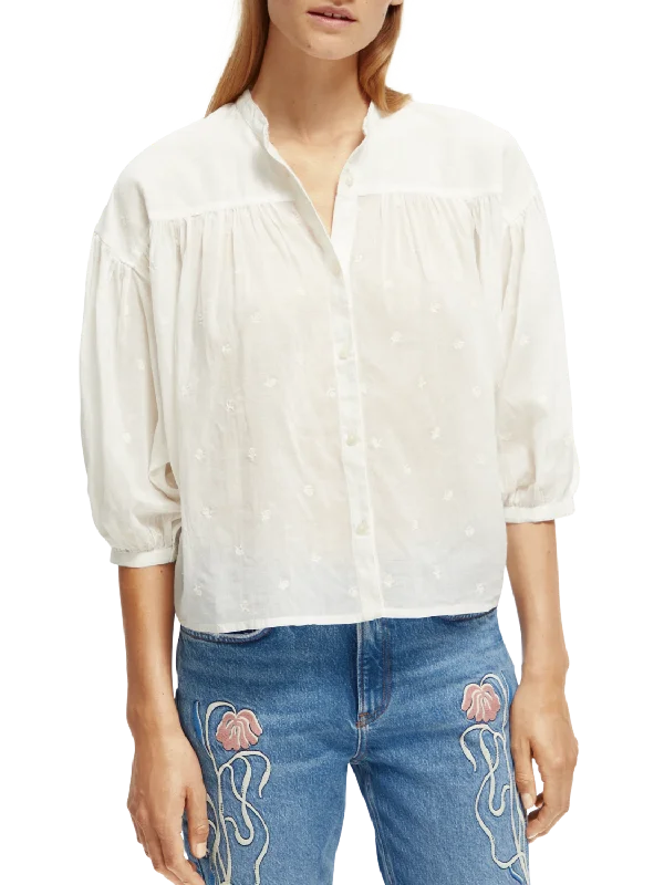 Organic Gathered Sleeve Embroidered Shirt