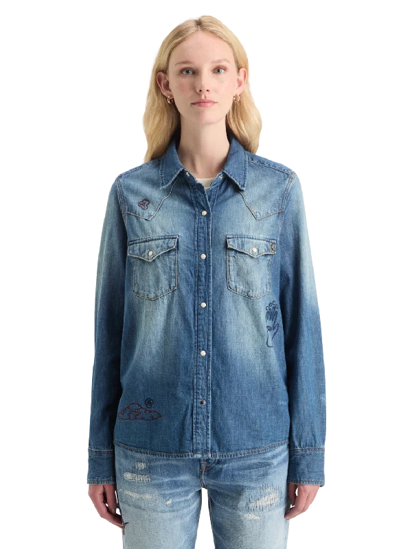 Regular Fit Washed Denim Embroidered Western Shirt