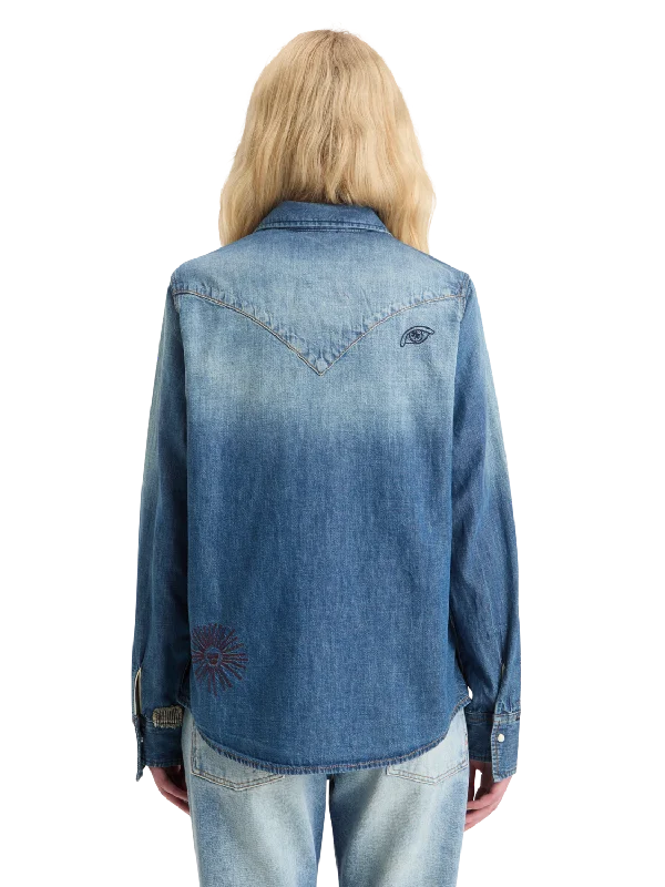 Regular Fit Washed Denim Embroidered Western Shirt