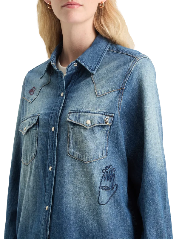 Regular Fit Washed Denim Embroidered Western Shirt