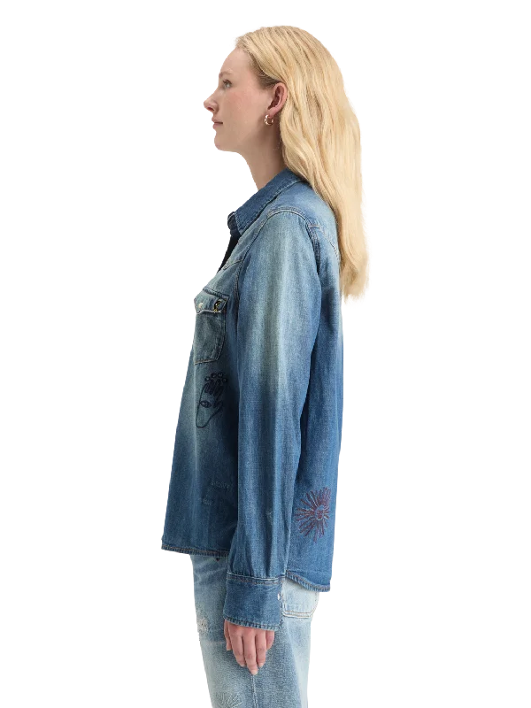 Regular Fit Washed Denim Embroidered Western Shirt