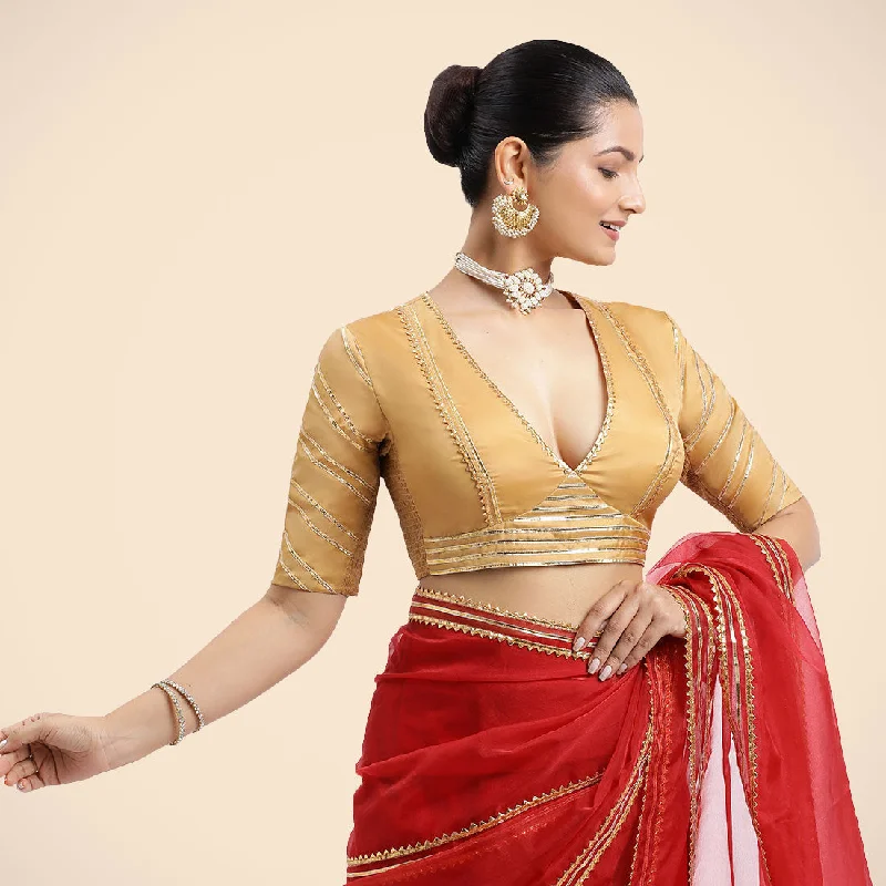 Navya x Tyohaar | Gold Elbow Sleeves FlexiFit™ Saree Blouse with Plunging V Neckline with Tasteful Golden Gota Lace