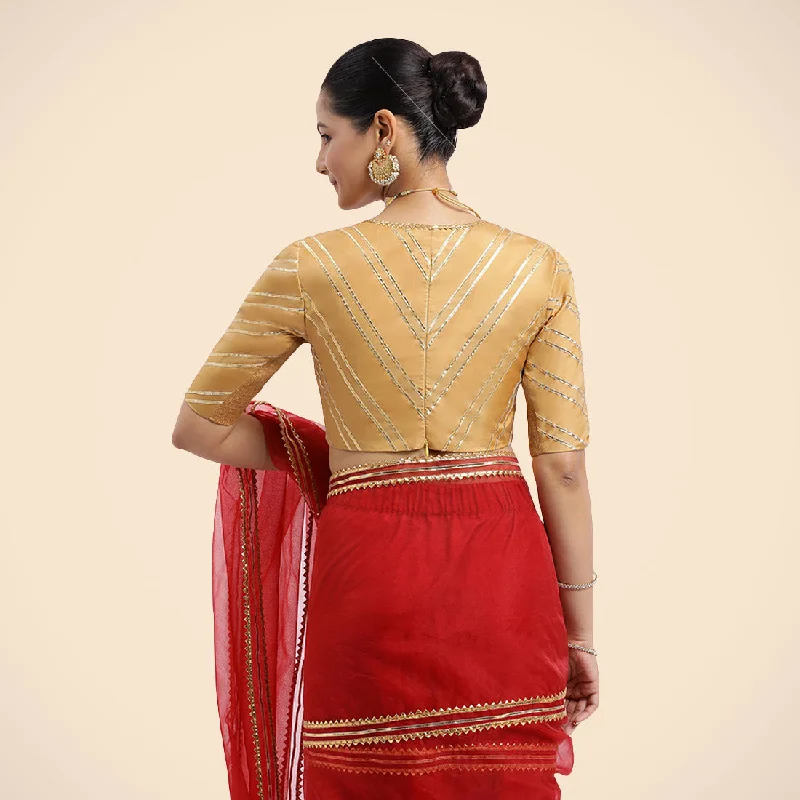 Navya x Tyohaar | Gold Elbow Sleeves FlexiFit™ Saree Blouse with Plunging V Neckline with Tasteful Golden Gota Lace