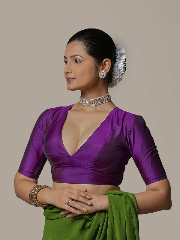 Zeenat x Rozaana | Purple Elbow Sleeves FlexiFit™ Saree Blouse with Plunging Neckline