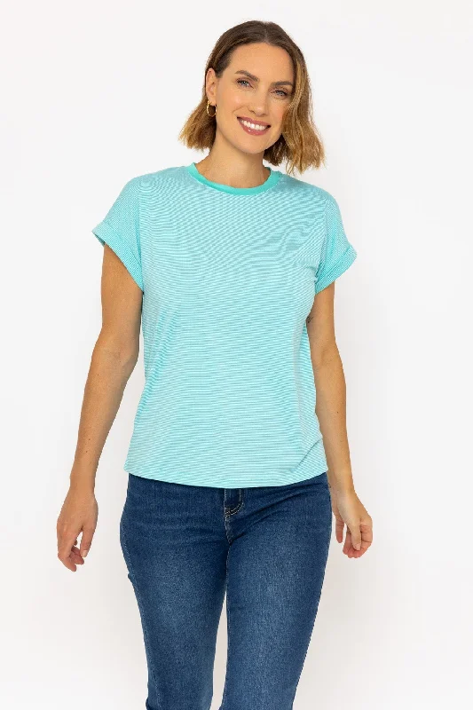 Short Sleeve Stripe Tee in Aqua Blue