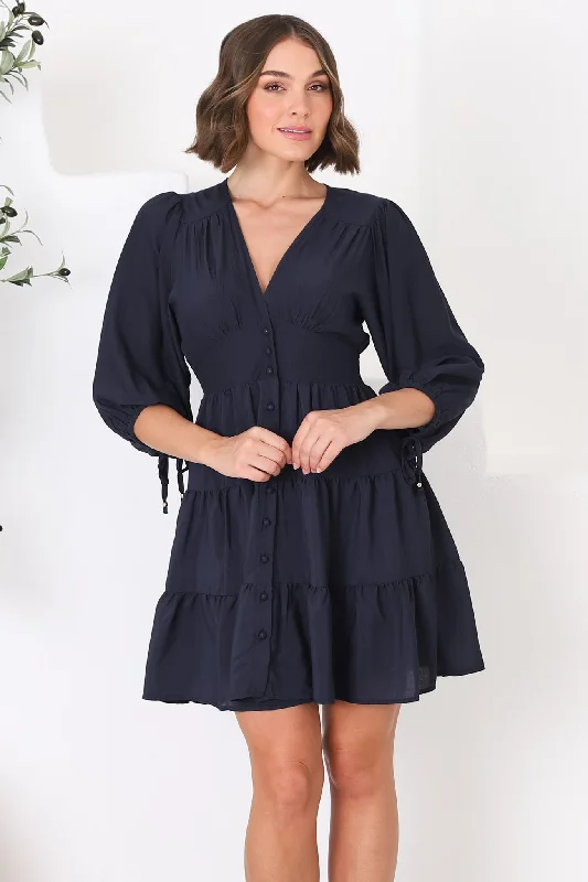 Amilia Mini Dress - Tiered Button Down Dress in Navy