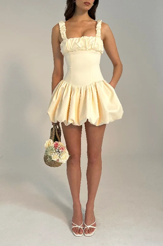 Aubrey Egg White Satin Bubble Hem Mini Dress