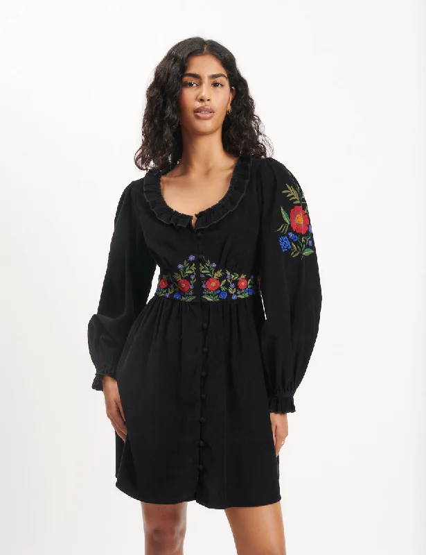 Black Floral Embroidered Cord Flossie Mini Dress