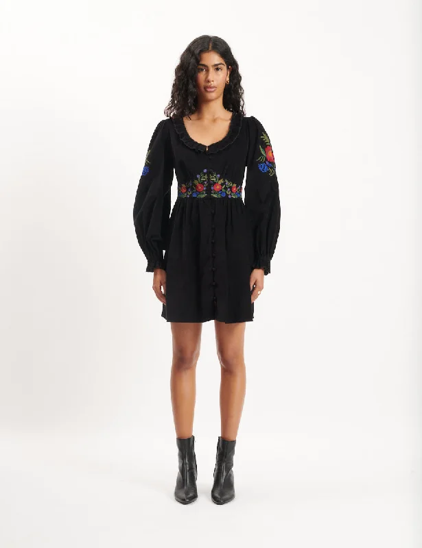 Black Floral Embroidered Cord Flossie Mini Dress