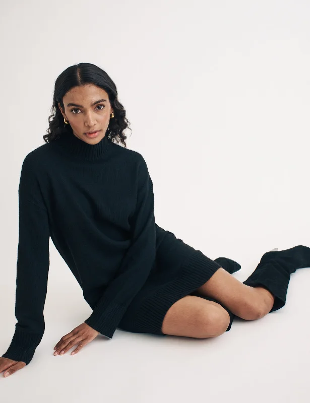 Black Funnel Neck Knit Jumper Mini Dress