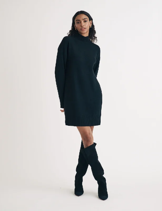 Black Funnel Neck Knit Jumper Mini Dress