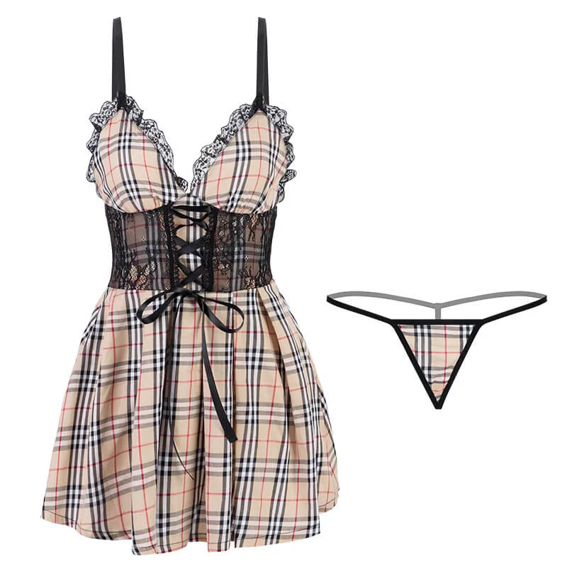 Classical Plaid Cotton Mini Dress Set