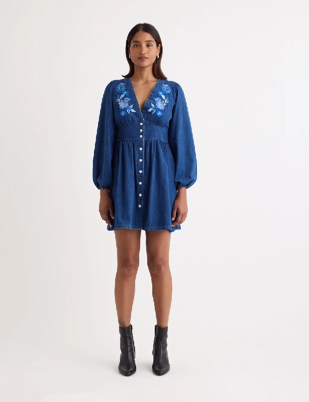 Denim Embroidered Long Sleeve Starlight Mini Dress