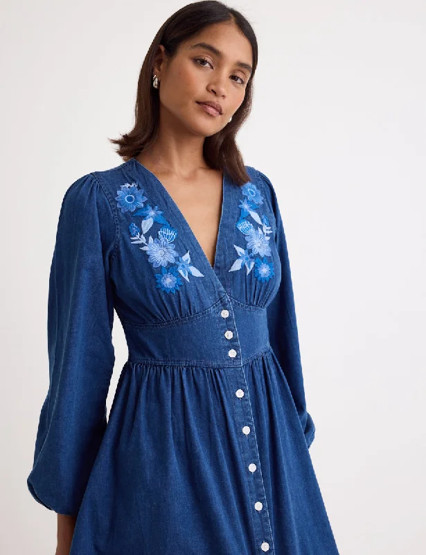 Denim Embroidered Long Sleeve Starlight Mini Dress