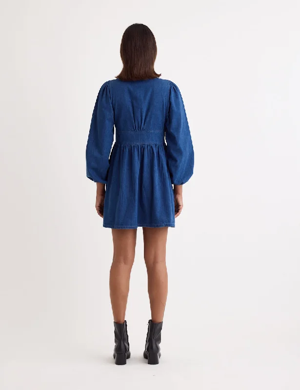 Denim Embroidered Long Sleeve Starlight Mini Dress