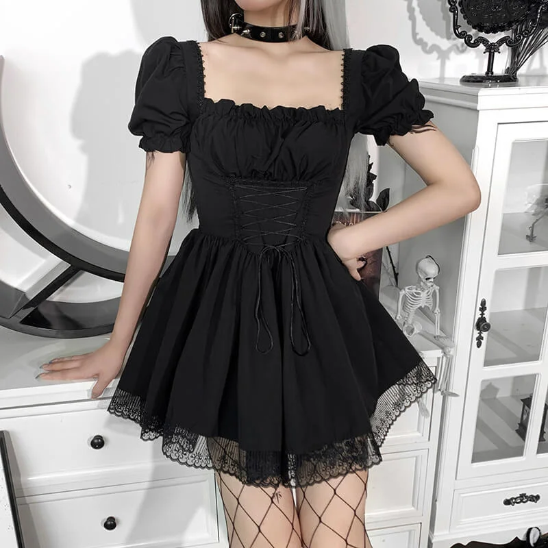 Gothic A-Line Square Neck Puff Sleeve Mini Dress