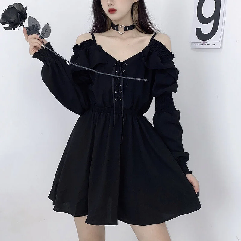 Gothic Black Off-Shoulder Lace Up Mini Dress