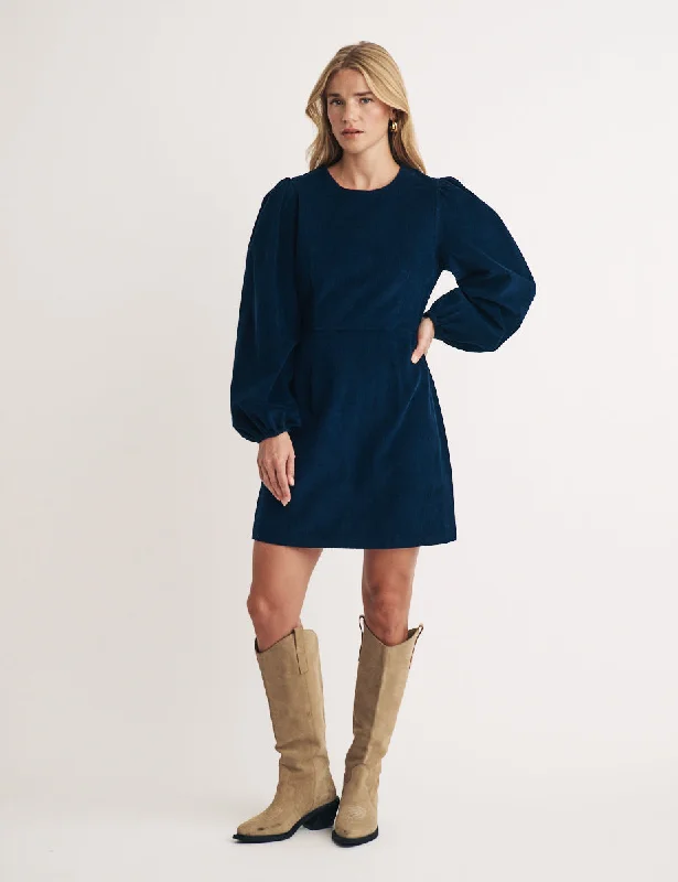 Navy Cord Balloon Sleeve Patras Mini Dress