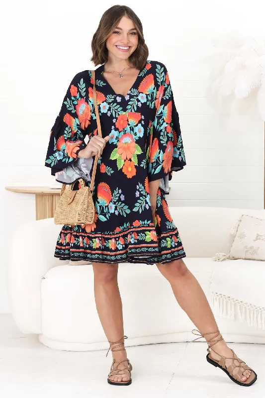 Tildy Mini Dress - V Neck Ruffled Smock Dress Octavia Print in Navy