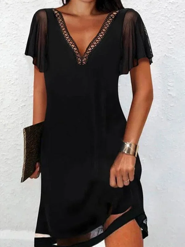 Women's Casual Dress Lace Dress Mini Dress Black Short Sleeve Pure Color Contrast Lace Summer Spring V Neck Modern