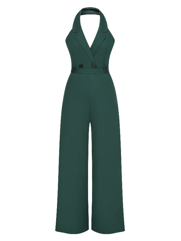 1930s Solid Button Halter Lapel Jumpsuit