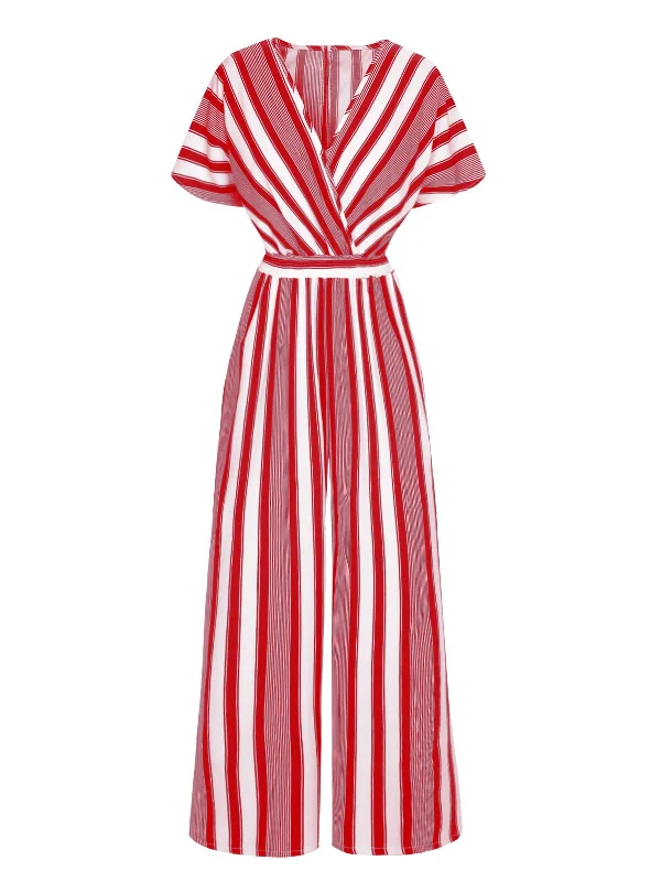 1970s V-Neck Contrast Stripes Jumpsuit