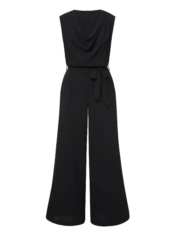 Black 1930s Cowl Neck Solid Jumpsuit with Belt